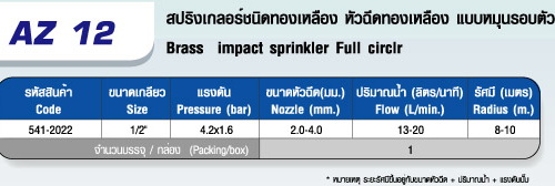 ตาราง AZ 12 สปริงเกลอร์ชนิดทองเหลือง 